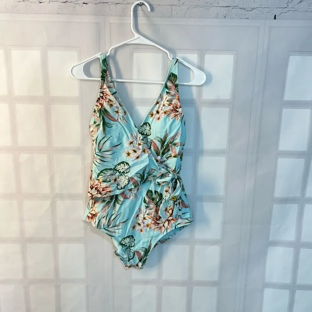Kona Sol Blue Floral Stretch Wrap Tie Waist One Piece Swimsuit Size Medium